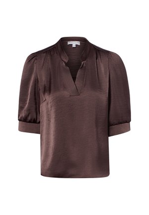 Braune seidige Bluse mit kurzen Puffärmeln, V-Ausschnitt und weiter Passform, vor weißem Hintergrund gezeigt.