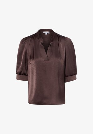 Braune seidige Bluse mit kurzen Puffärmeln, V-Ausschnitt und weiter Passform, vor weißem Hintergrund gezeigt.