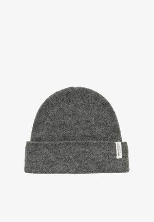 Grijze wollen muts met een opgevouwen rand, gestructureerde stof en een klein merklabel aan de zijkant. Biedt een stevige, warme pasvorm.