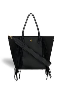 Musta nahkainen kassi kaksinkertaisilla kahvoilla ja irrotettavalla frangeilla varustetulla hihnalla. Varustettu punottuine yksityiskohtineen ja kultaisilla viimeistelyillä.