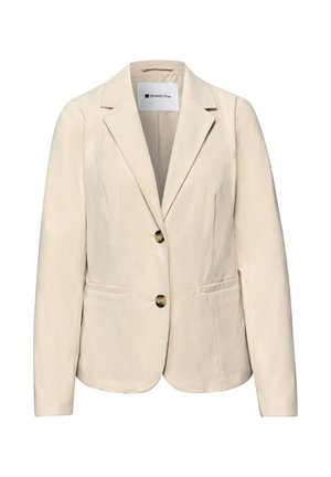 Beiger Damenblazer mit Notch-Revers, zwei vorderen Knöpfen, feiner Struktur und zwei Vordertaschen, Markenetikett innen am Kragen.