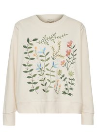 Sweatshirt couleur crème à manches longues avec des broderies florales multicolores en vert, bleu, rose et jaune sur le devant.