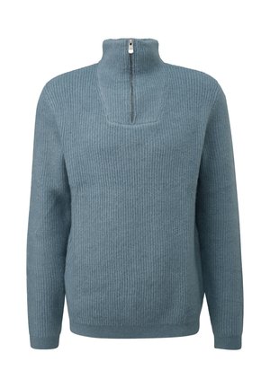 Blauer, gerippter Pullover mit halbem Reißverschluss am Kragen und langen Ärmeln. Weiche Textur mit lockerem Sitz und eckigem Ausschnitt-Detail.