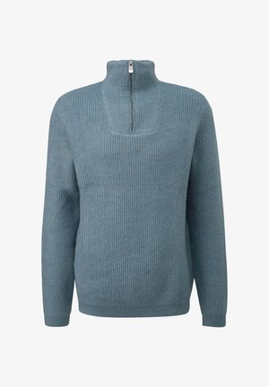 Blauer, gerippter Pullover mit halbem Reißverschluss am Kragen und langen Ärmeln. Weiche Textur mit lockerem Sitz und eckigem Ausschnitt-Detail.