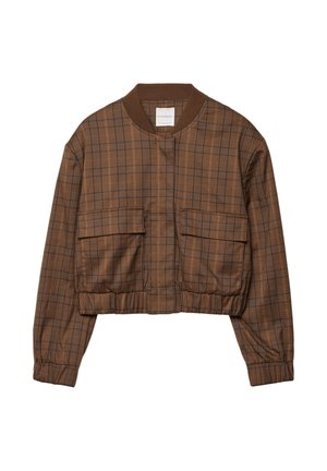 Veste bomber à carreaux marron avec un design court, un col côtelé, deux poches avant, une taille élastique et des manches longues.