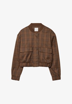 Braune karierte Bomberjacke mit verkürztem Design, geripptem Kragen, zwei Fronttaschen, elastischem Bund und langen Ärmeln.