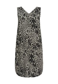 Robe sans manches, longueur genou, avec un motif léopard gris et noir et un décolleté en V, présentée sur un fond blanc.