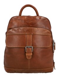 Brown leather backpack with a structured shape, featuring a front pocket with a metal buckle, a top handle, and subtle branding.