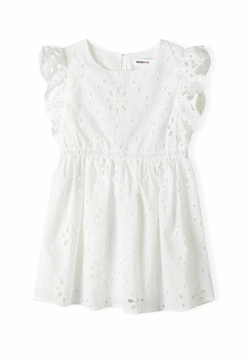 Robe blanche sans manches pour bébé avec broderie œillet florale et taille élastique, avec épaules volantées et encolure ronde.