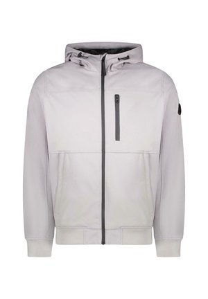 Lichtgrijze gewatteerde jas met capuchon, ritssluiting aan de voorkant, twee zijzakken en één borstzak. Voorzien van elastische manchetten en een gladde textuur.