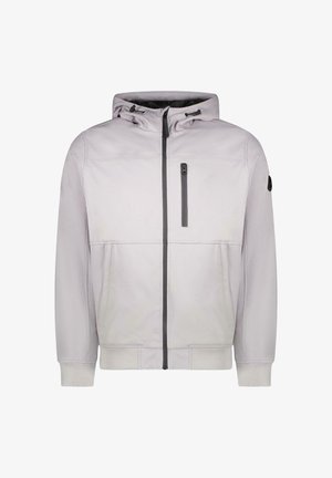 Lichtgrijze gewatteerde jas met capuchon, ritssluiting aan de voorkant, twee zijzakken en één borstzak. Voorzien van elastische manchetten en een gladde textuur.