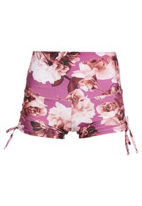 Floral print swim shorts in purple, featuring pink and white flowers, ruched sides, and adjustable ties on the hem for a customizable fit.