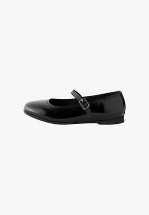 Black patent leather ballet flat with rounded toe, adjustable strap, and small buckle detail. Low profile, smooth texture, simple design.