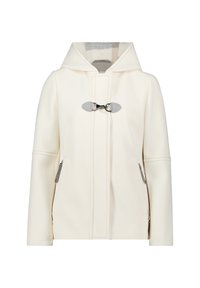 Hvid hættejakke med velcro-lukninger, sidelommer med lynlås og glat tekstur. Har en neutral indvendig foring.