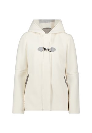 Hvid hættejakke med velcro-lukninger, sidelommer med lynlås og glat tekstur. Har en neutral indvendig foring.