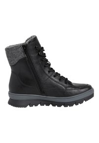Black leather ankle boots with a grey felt collar, featuring front laces and a side zipper. Thick rubber outsole with a textured grip.