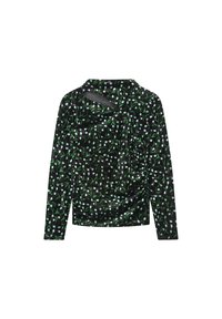 Langarmtop van zwarte stof met een groen en wit bloemmotief. Het ontwerp heeft een gedrapeerde voorkant en een aansluitende silhouette.