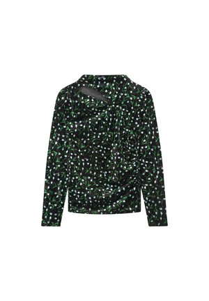 Long-sleeve top in black fabric featuring a green and white floral pattern. The design includes a draped front and fitted silhouette.