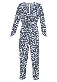 Blommig jumpsuit i marinblått med vita och rosa blommor. Har långa ärmar, V-hals, smockad midja och avsmalnande ben.