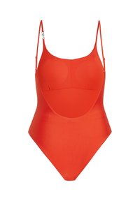 Rød badedragt i ét stykke med justerbare tynde skulderstropper og en rund halsudskæring foran, vist mod en hvid baggrund.