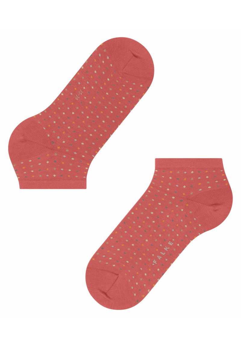 Korallfarbene Knöchelsocken mit mehrfarbigem Punktmuster, glatter Textur sowie verstärktem Absatz und Zehen. Markenlogo auf der Seite gedruckt.