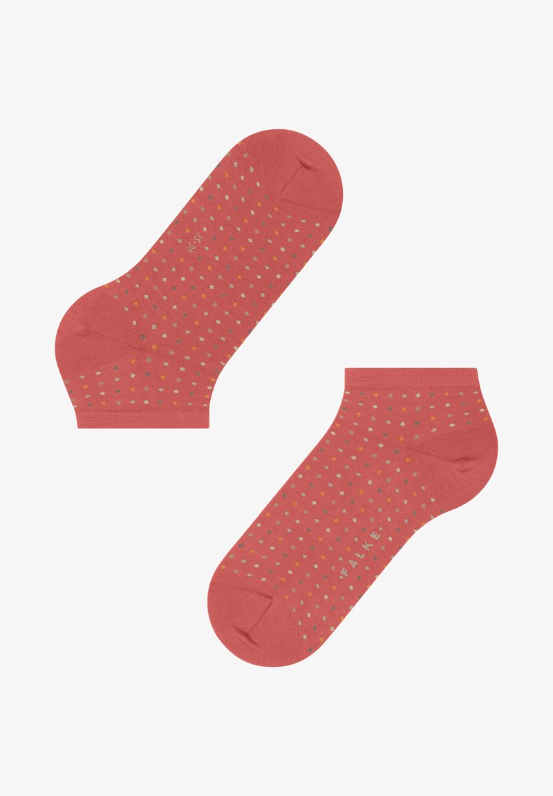 Koraal kleurige enkel sokken met een meerkleuren stippenpatroon, gladde textuur, versterkte hiel en teen. Merkenlogo gedrukt aan de zijkant.