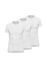 Trzy białe t-shirty z krótkim rękawem, wykonane z bawełny, z klasycznym okrągłym dekoltem i gładką fakturą, bez wzorów ani akcentów.