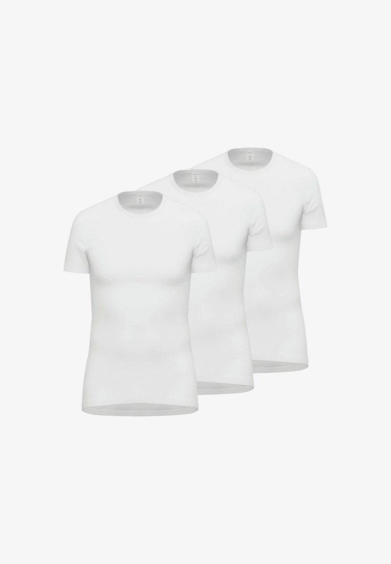 Trzy białe t-shirty z krótkim rękawem, wykonane z bawełny, z klasycznym okrągłym dekoltem i gładką fakturą, bez wzorów ani akcentów.