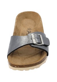 Gray faux leather sandal with a cross strap design, featuring a silver buckle. Cork footbed and light-colored rubber sole.