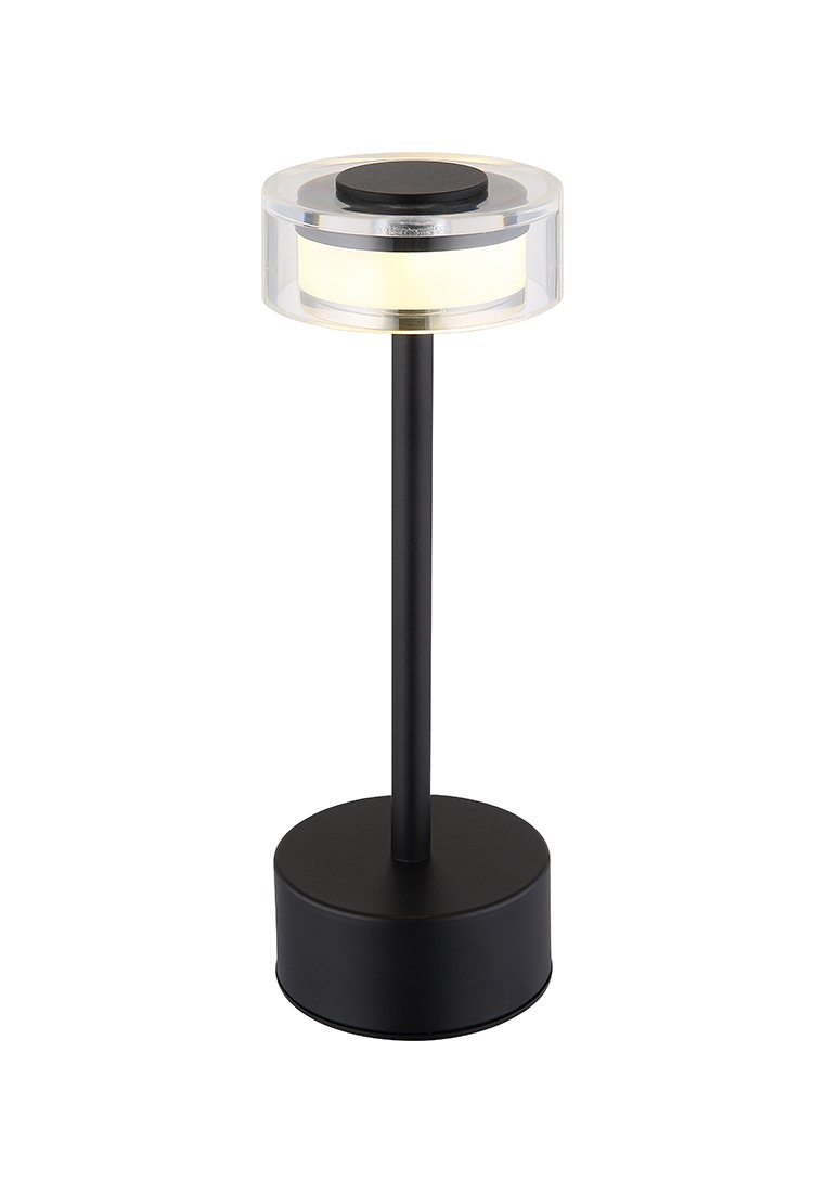 Schwarze Metall-Tischlampe mit einem kreisförmigen Sockel. Transparente Oberseite mit einem weißen inneren Abschnitt und schwarzen Akzenten. Einfaches zylindrisches Design und schlanke Oberfläche.