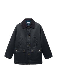 Svart knäppjacka med kordkrage, två bröstfickor med väv, två nedre fickor med lock och gyllene tryckknappar, samt randig innerfoder.