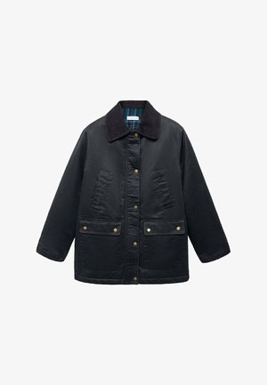 Veste noire à boutons avec col en velours côtelé, deux poches poitrine passepoilées, deux poches à rabat inférieures avec boutons-pression dorés, et doublure intérieure rayée.