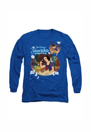 Long-sleeve blue shirt featuring colorful graphics of Snow White, birds, and elements from "Snow White and the Seven Dwarfs."