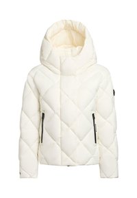 Witte gevoerde pufferjas met een hoge nek en een oversized capuchon. Heeft zwarte ritszakken en een zachte textuur. Warm en gewatteerd ontwerp.