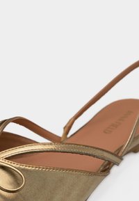 Χαμηλό σανδάλι σε χρυσό χρώμα με λεπτές τιράντες και μυτερή μύτη, που δείχνει λεπτομέρεια κοντινής λήψης από το πλάι και το πέλμα.