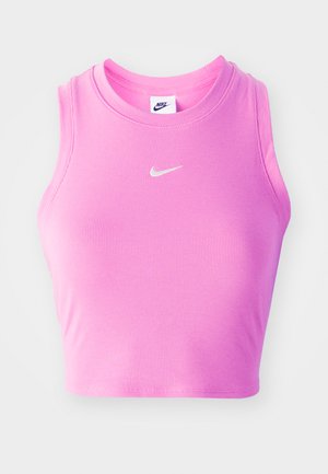 Rosa uten ermer crop topp laget av ribbet stoff, med rund halslinning og en liten hvit Nike swoosh-logo på midten foran.