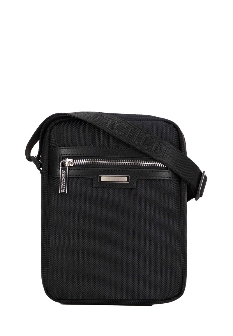 Borsa a tracolla nera realizzata in nylon testurizzato, con un accento in pelle liscia, tasca frontale con zip e tracolla regolabile.