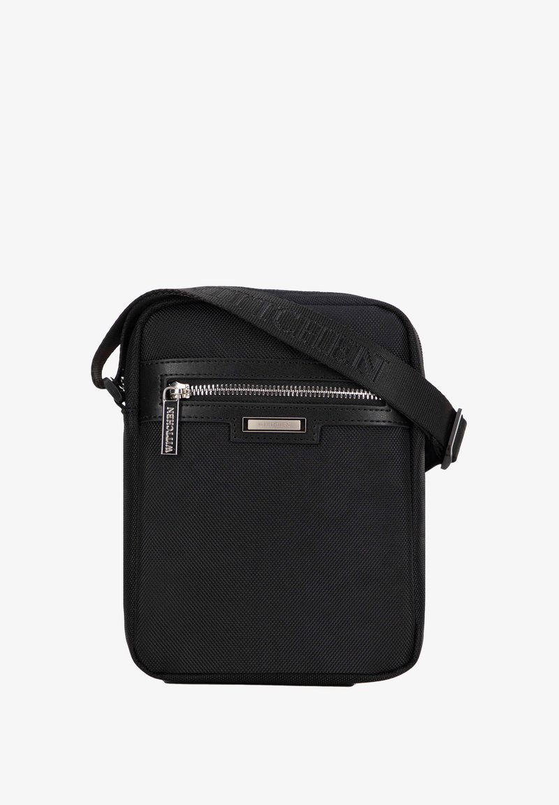 Borsa a tracolla nera realizzata in nylon testurizzato, con un accento in pelle liscia, tasca frontale con zip e tracolla regolabile.