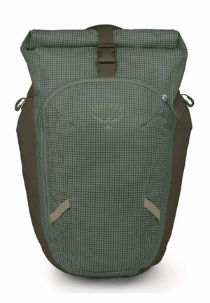 Zaino verde a risvolto con motivo a griglia, design ergonomico, spallacci imbottiti e tasca frontale con chiusura a zip.