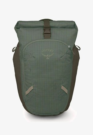 Zaino verde a risvolto con motivo a griglia, design ergonomico, spallacci imbottiti e tasca frontale con chiusura a zip.