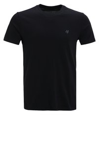 Camiseta de algodón negra de manga corta, con cuello redondo y un pequeño logotipo bordado en el lado izquierdo del pecho.