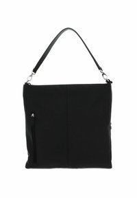 Bolso tote sintético negro con un acabado suave, que cuenta con una sola asa, un bolsillo con cremallera y un diseño minimalista.
