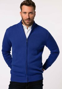 Blauer gestrickter Cardigan mit einem Reißverschluss, gerippten Bündchen und Saum, getragen über einem weißen Hemd mit Kragen und einem hohen Kragen-Design.
