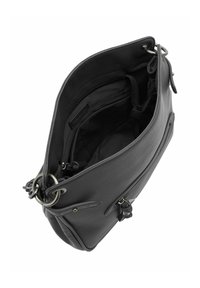 Sac en cuir noir avec une surface texturée, une poche zippée et des éléments métalliques. Comprend un intérieur doublé de tissu et des compartiments d'organisation.