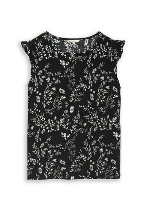 Zwarte mouwloze blouse met klein wit bloemmotief en gerimpelde mouwtjes, ronde halslijn en gestructureerde stof.