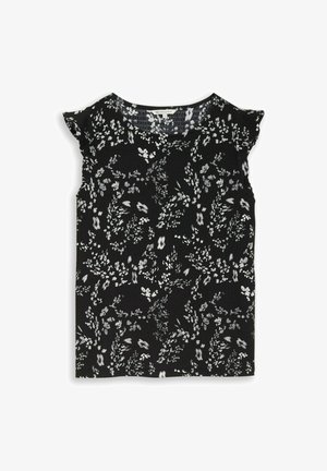Black sleeveless blouse with small white floral pattern and ruffled cap sleeves, round neckline, and textured fabric.