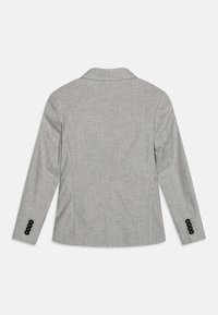 Šedé strukturované sako s výstřihem se zářezem, dlouhými rukávy a černými knoflíkovými ozdobami na manžetách, s upraveným střihem.