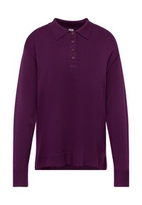 Langärmliges, dunkelviolettes Strick-Poloshirt mit vier Knöpfen, gerippten Bündchen und einem hinten leicht verlängerten Saum mit Seitenschlitzen.