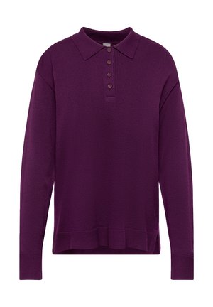 Langärmliges, dunkelviolettes Strick-Poloshirt mit vier Knöpfen, gerippten Bündchen und einem hinten leicht verlängerten Saum mit Seitenschlitzen.