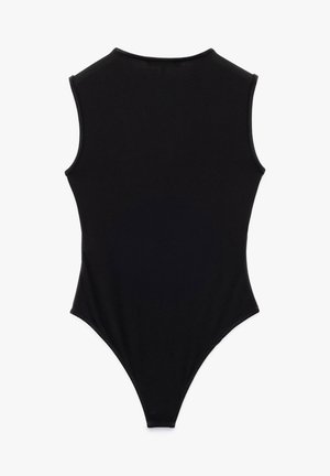 Black sleeveless bodysuit with a high neckline, smooth texture, and thong-style bottom. Simple design, no visible seams or patterns.